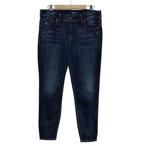 Silver Cotton Blend Dark Wash Distress Details High Rise Ankle Skinny Jeans 16